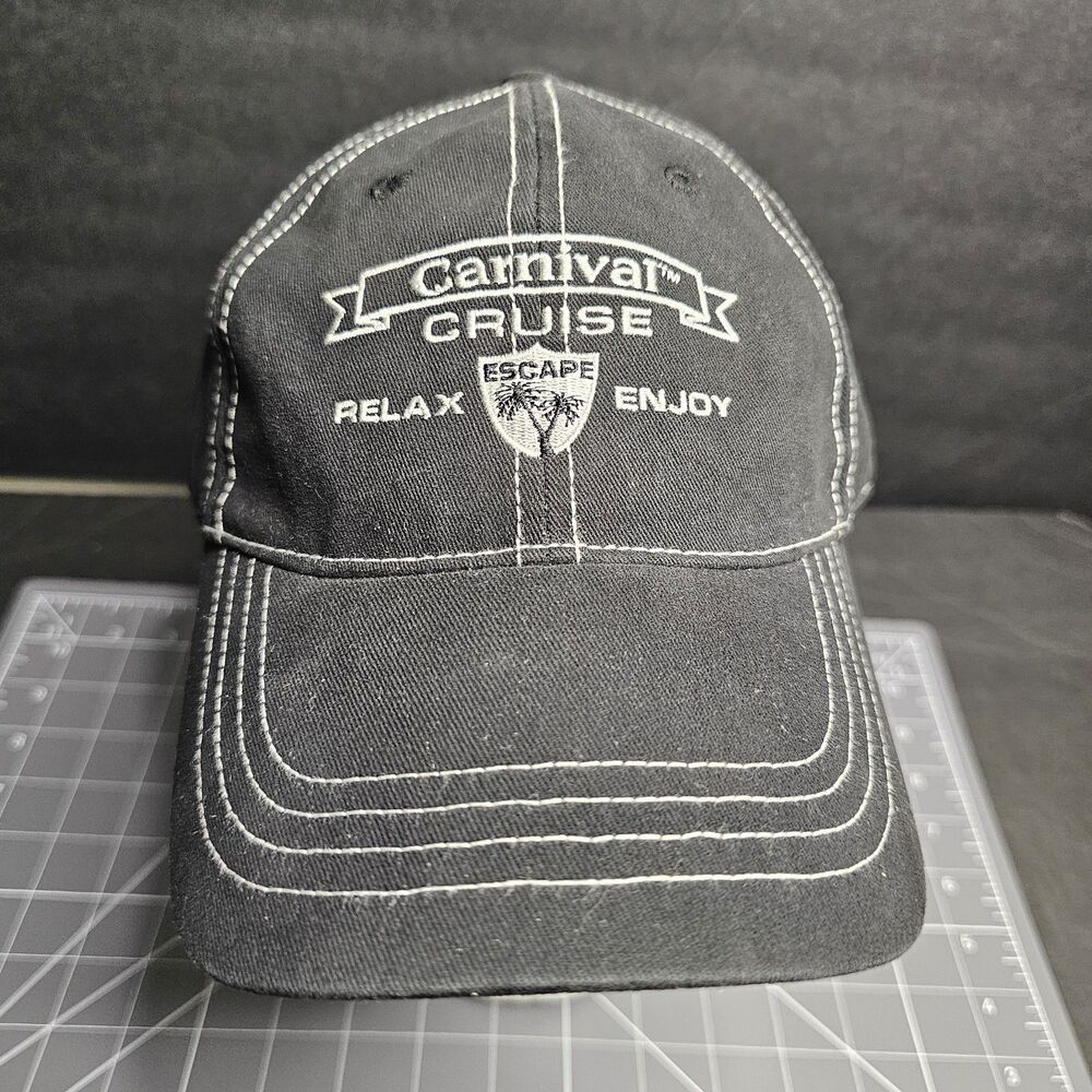Carnival Cruise Relax Escape Enjoy Hat Cap Strapback Black SpellOut Script Logo